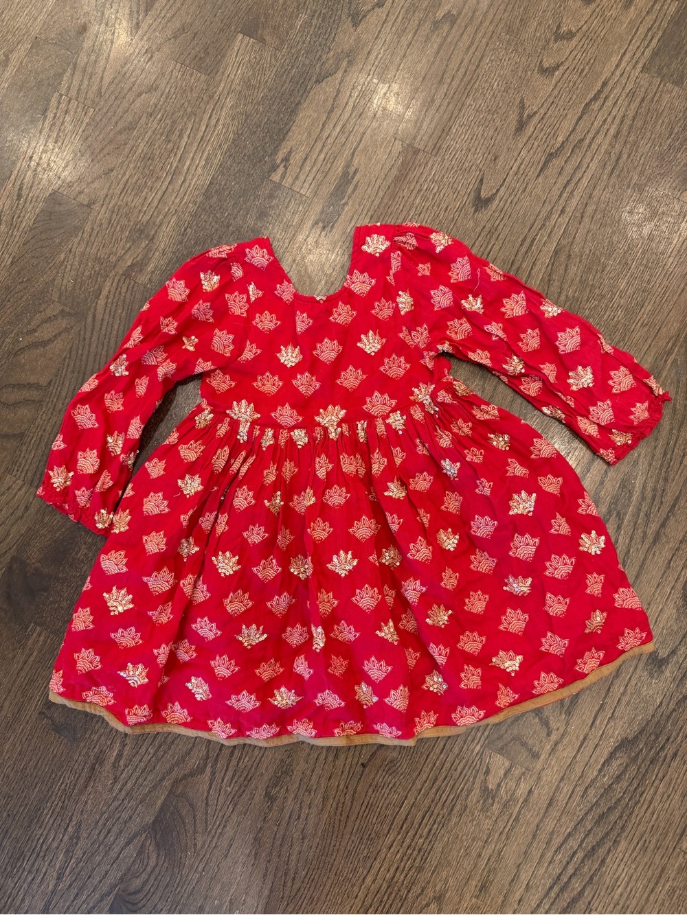 Pink Chicken Red Dress with Gold Metallic Leaf Motif